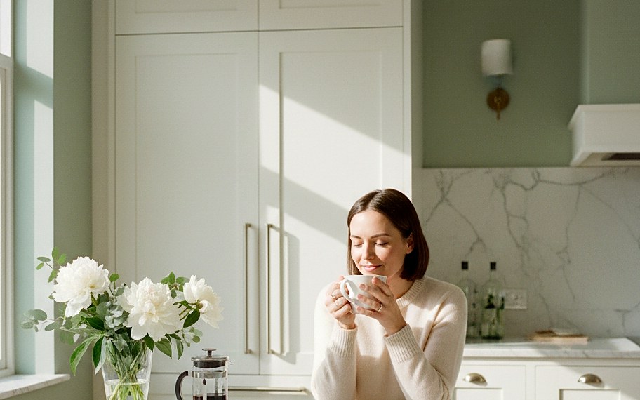 Quiet morning interior with warm paint and coffee